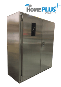 community water treatment point of entry with lockable enclosure